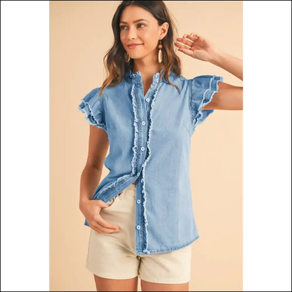 Ashleigh Blue Ruffled Denim: Dressed to Frill 💙 - Blouses on Sale Worldwide Shipping