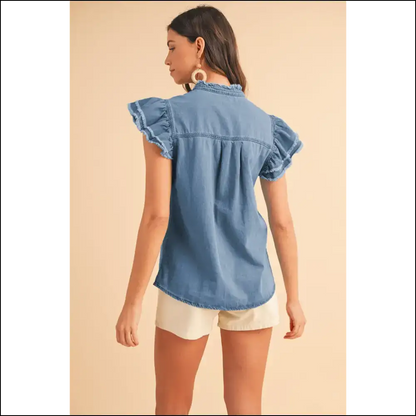 Ashleigh Blue Ruffled Denim: Dressed to Frill 💙 - Blouses on Sale Worldwide Shipping