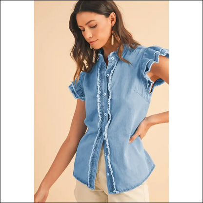 Ashleigh Blue Ruffled Denim: Dressed to Frill 💙 - Blouses on Sale Worldwide Shipping