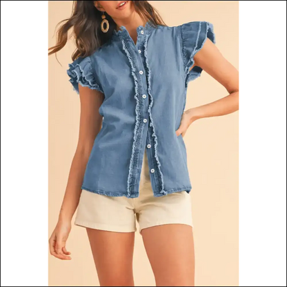 Ashleigh Blue Ruffled Denim: Dressed to Frill 💙 - s - Blouses on Sale Worldwide Shipping