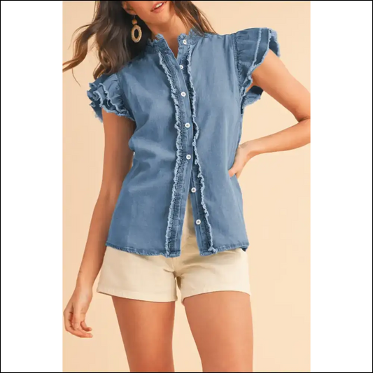 Ashleigh Blue Ruffled Denim: Dressed to Frill 💙 - s - Blouses on Sale Worldwide Shipping