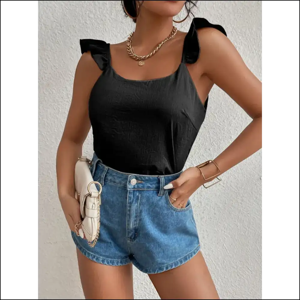 Backless Ruffled Scoop Neck Tank Top - Black / s - Tops on Sale Worldwide Shipping