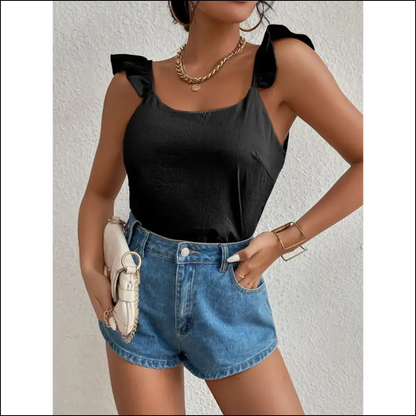 Backless Ruffled Scoop Neck Tank Top - Black / s - Tops on Sale Worldwide Shipping