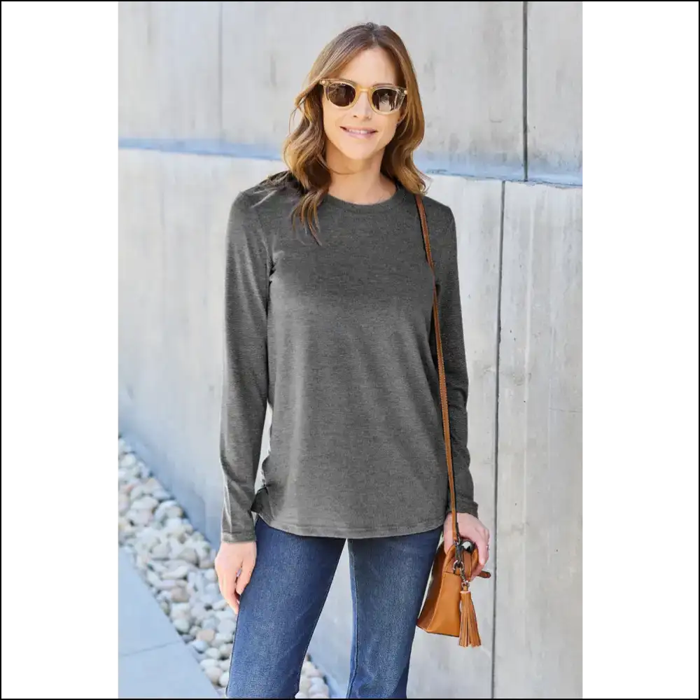Basic Bae Full Size Round Neck Long Sleeve Top - Dark Gray / 3xl - Blouses on Sale Worldwide Shipping