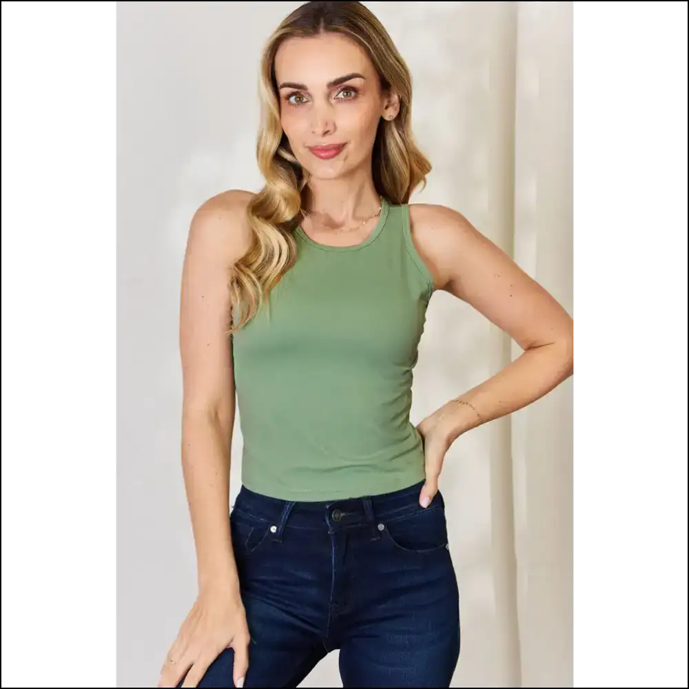 Basic Bae Full Size Round Neck Slim Tank - Sage / l - Tops on Sale Worldwide Shipping