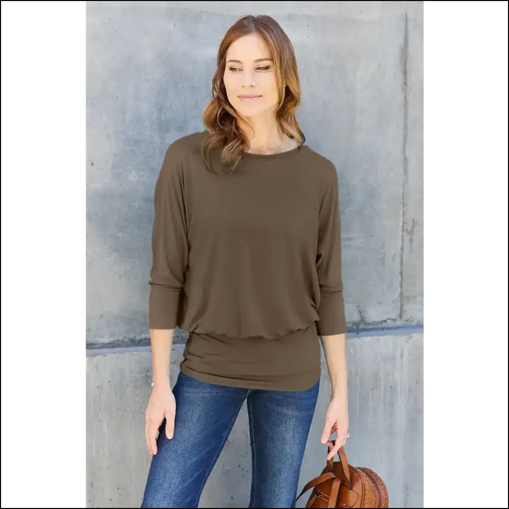 Basic Bae Round Neck Batwing Sleeve Top - Brown / l - Blouses on Sale Worldwide Shipping