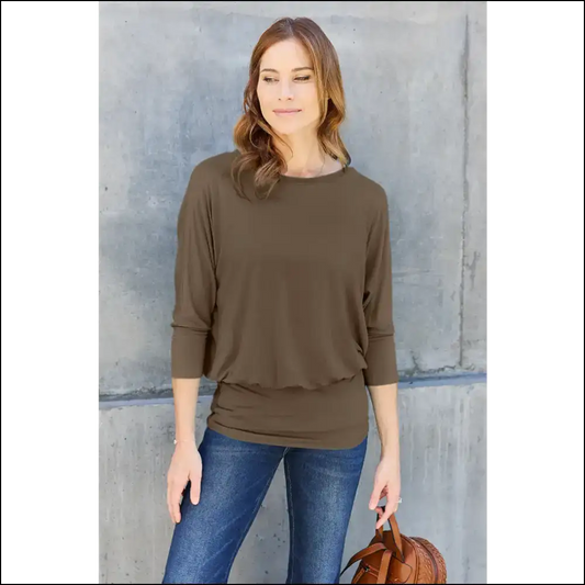 Basic Bae Round Neck Batwing Sleeve Top - Brown / l - Blouses on Sale Worldwide Shipping