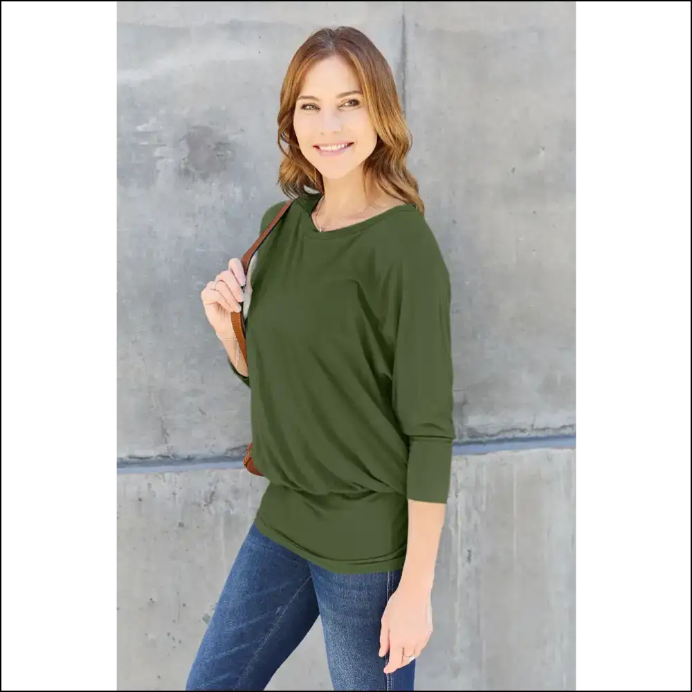 Basic Bae Round Neck Batwing Sleeve Top - Green / 2xl - Blouses on Sale Worldwide Shipping