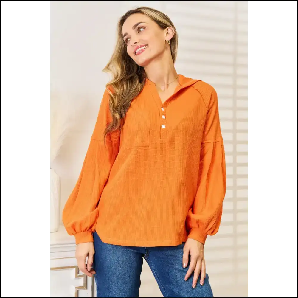 Basic Bae Side Slit Buttoned Waffle Knit Hoodie - Orange / s - Hoodies Sweatshirts & on Sale Worldwide Shipping