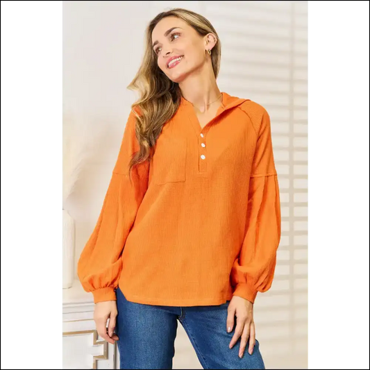 Basic Bae Side Slit Buttoned Waffle Knit Hoodie - Orange / s - Hoodies Sweatshirts & on Sale Worldwide Shipping