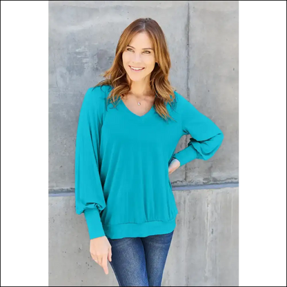 Basic Bae V-neck Lantern Sleeve Top - Full Size - Sky Blue / s - Blouses on Sale Worldwide Shipping