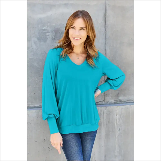 Basic Bae V-neck Lantern Sleeve Top - Full Size - Sky Blue / s - Blouses on Sale Worldwide Shipping