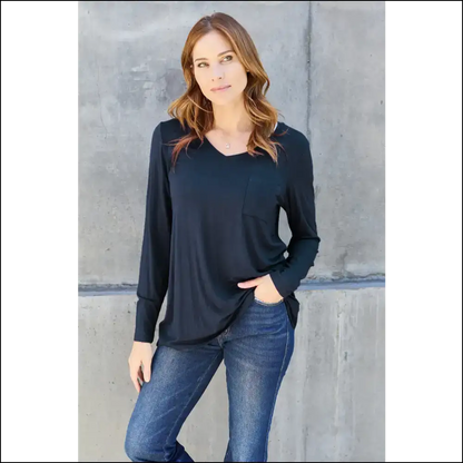 Basic Bae V-neck Long Sleeve Top - your New Go-to - Dark Blue / s - Blouses on Sale Worldwide Shipping