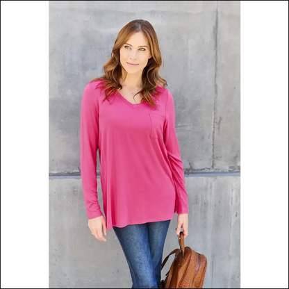 Basic Bae V-neck Long Sleeve Top - your New Go-to - Hot Pink / m - Blouses on Sale Worldwide Shipping