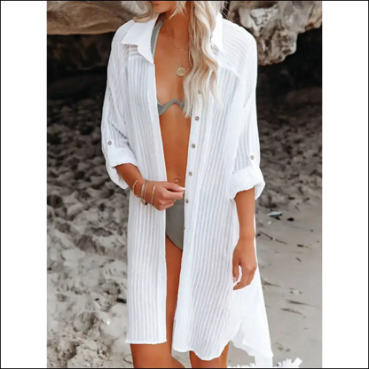 Beach Please: Flaunt it in our Chic Roll-tab Sleeve Cover-up! 🌊✨ - White / one Size - Cover-ups Swimwear on Sale Worldwide Shipping