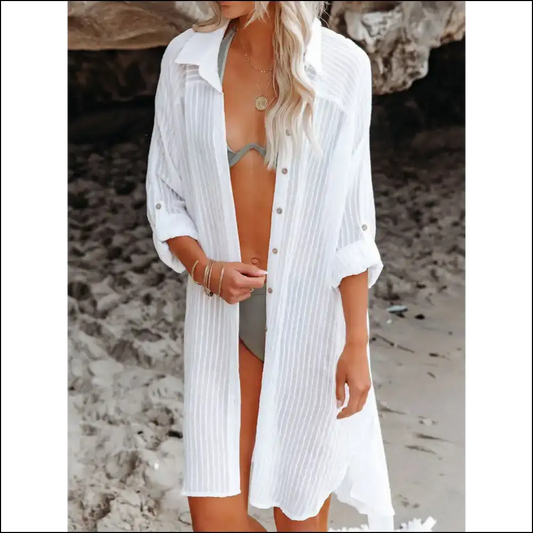 Beach Please: Flaunt it in our Chic Roll-tab Sleeve Cover-up! 🌊✨ - White / one Size - Cover-ups Swimwear on Sale Worldwide Shipping