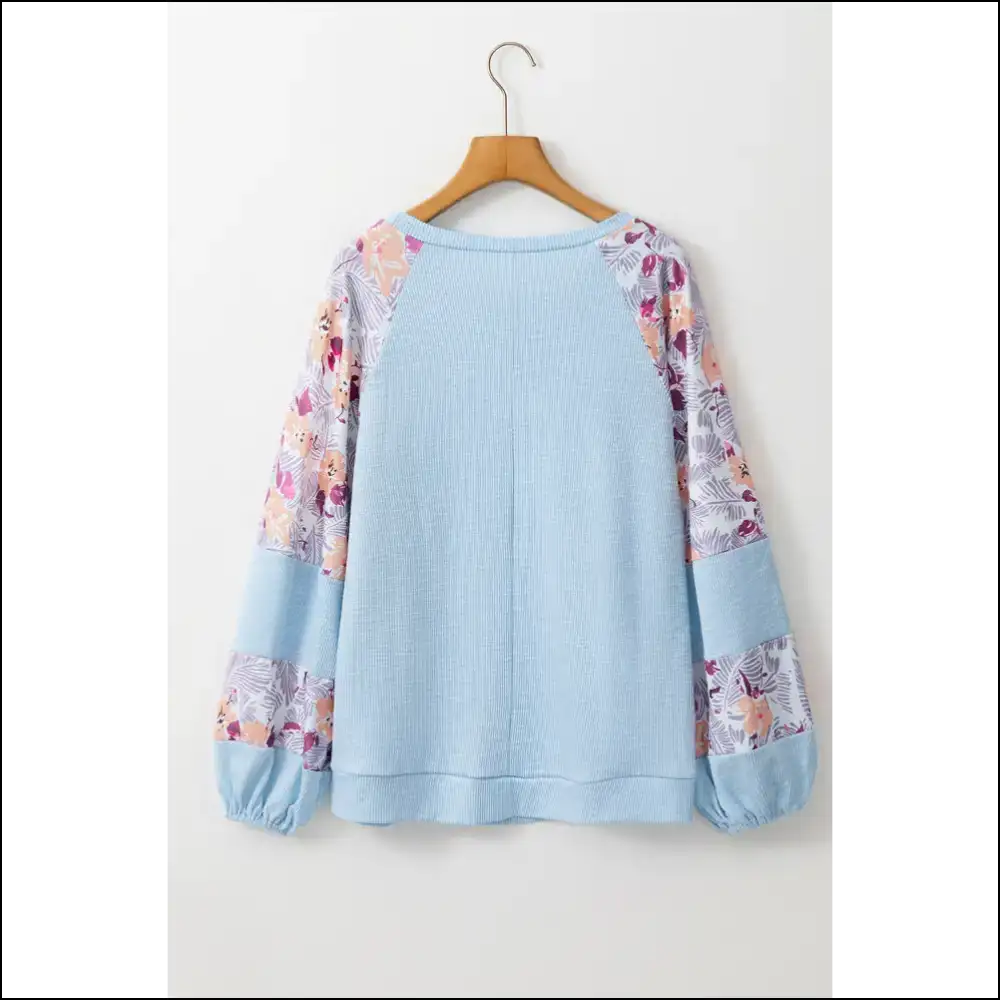 Beau Blue Crinkle Rib Floral Balloon Sleeve: so Cute it Hurts 💙🌼 - Long Sleeve Tops Shirts & on Sale Worldwide Shipping