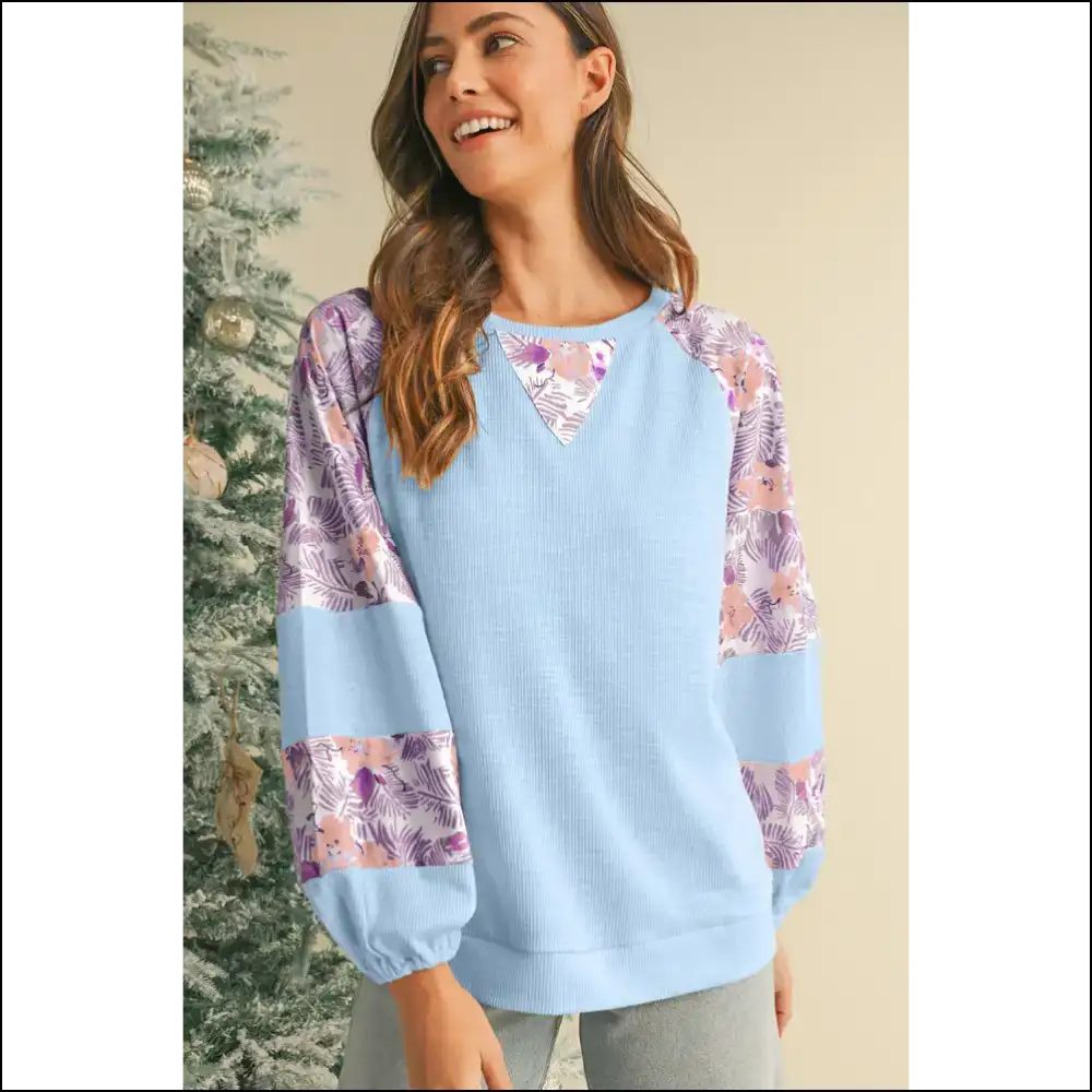 Beau Blue Crinkle Rib Floral Balloon Sleeve: so Cute it Hurts 💙🌼 - Long Sleeve Tops Shirts & on Sale Worldwide Shipping