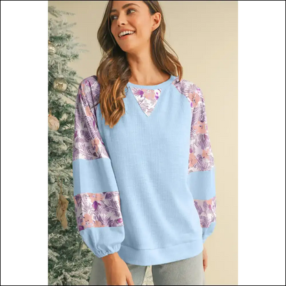 Beau Blue Crinkle Rib Floral Balloon Sleeve: so Cute it Hurts 💙🌼 - Long Sleeve Tops Shirts & on Sale Worldwide Shipping