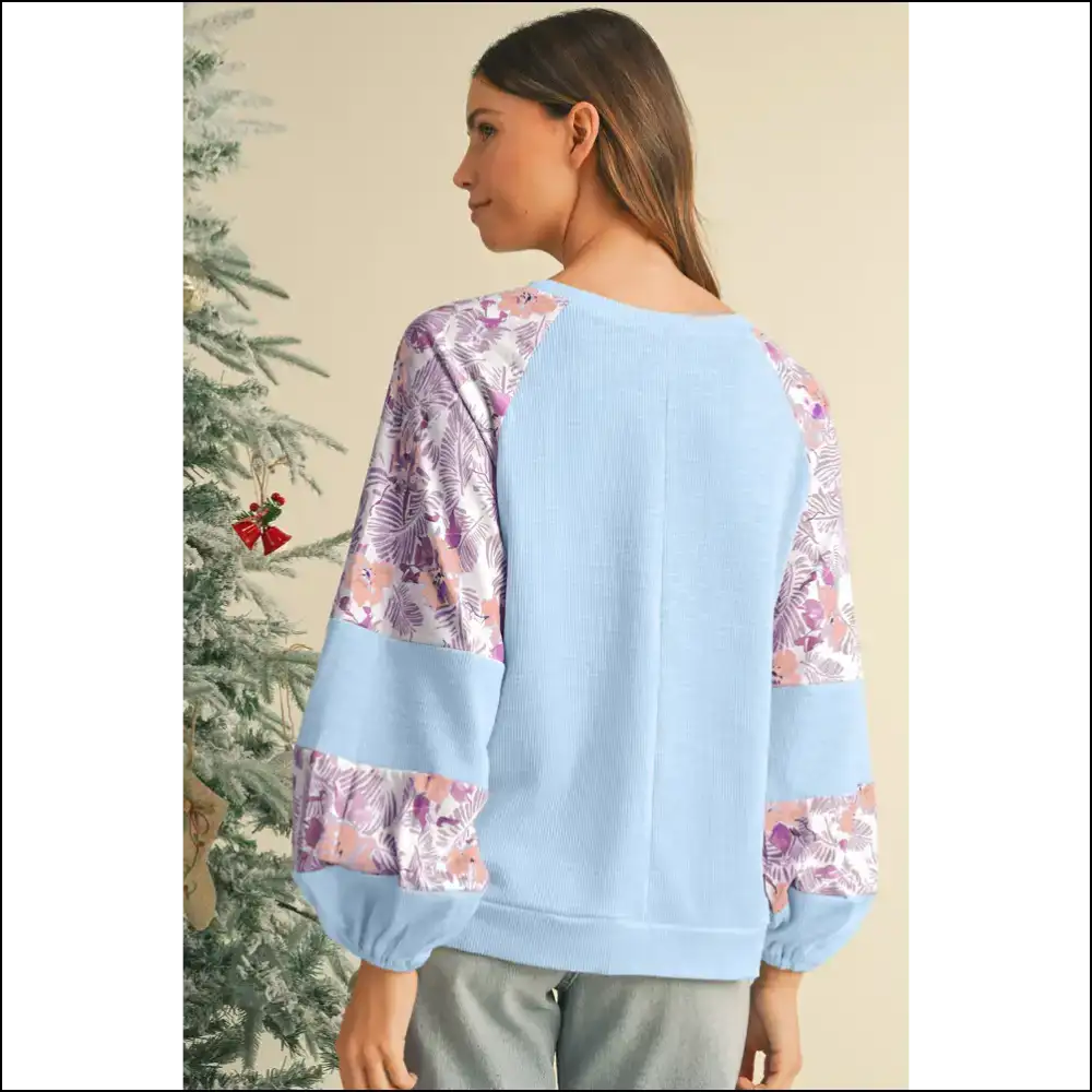 Beau Blue Crinkle Rib Floral Balloon Sleeve: so Cute it Hurts 💙🌼 - Long Sleeve Tops Shirts & on Sale Worldwide Shipping