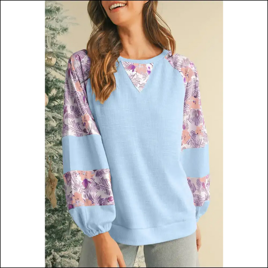 Beau Blue Crinkle Rib Floral Balloon Sleeve: so Cute it Hurts 💙🌼 - s - Long Sleeve Tops Shirts & on Sale Worldwide Shipping