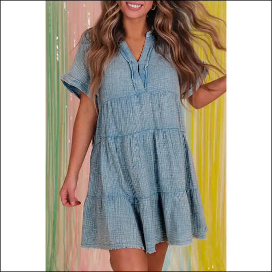 Beau Blue Crinkle Split Neck Dress: Dress Slay Harder 💙 Needful Things - s - Short Dresses on Sale Worldwide Shipping