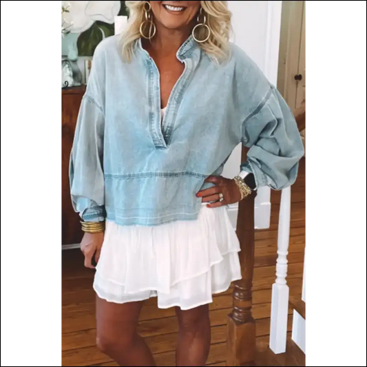 Beau Blue Denim Blouse: Dressed to Distressed! 💙 Needful Things - s - Blouses on Sale Worldwide Shipping