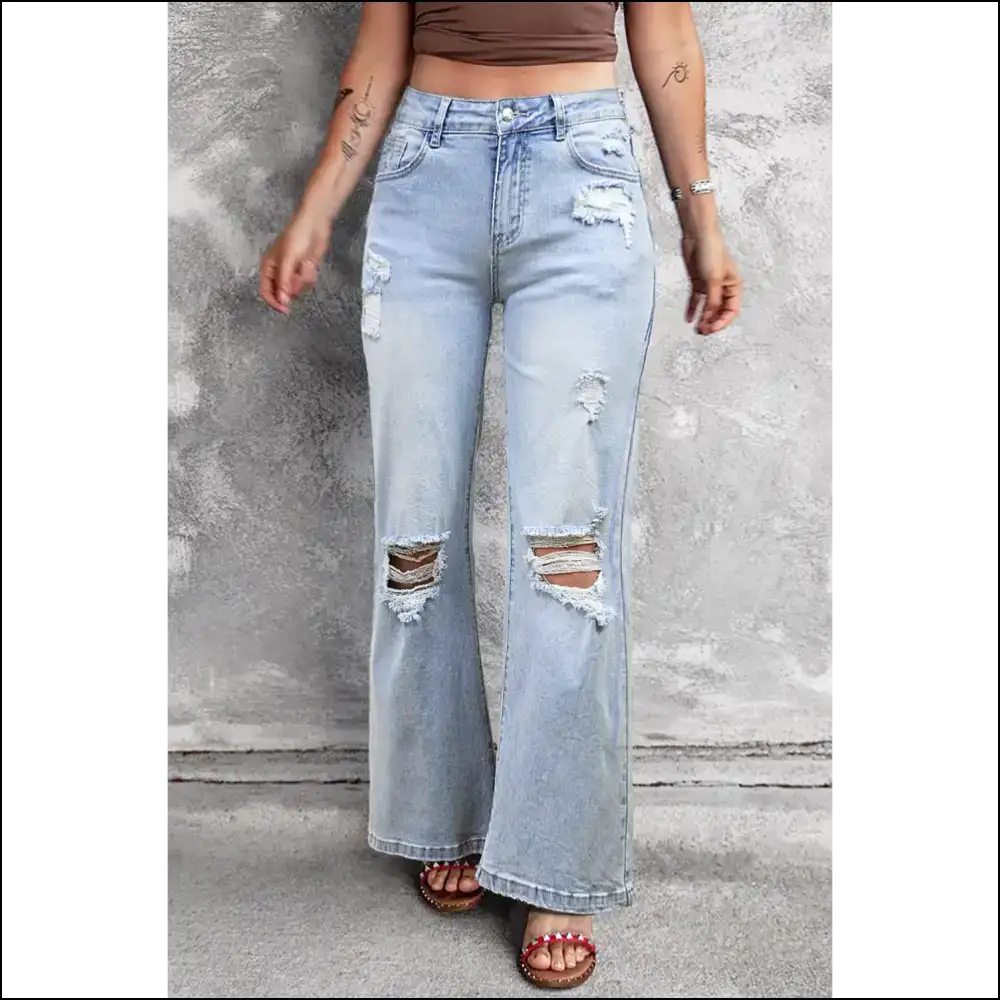 Beau Blue Distressed Flare Jeans: Feeling Good in Needful Things.👖🔥 Light Wash - 6 - Jeans on Sale Worldwide Shipping