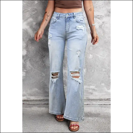 Beau Blue Distressed Flare Jeans: Feeling Good in Needful Things.👖🔥 Light Wash - 6 - Jeans on Sale Worldwide Shipping