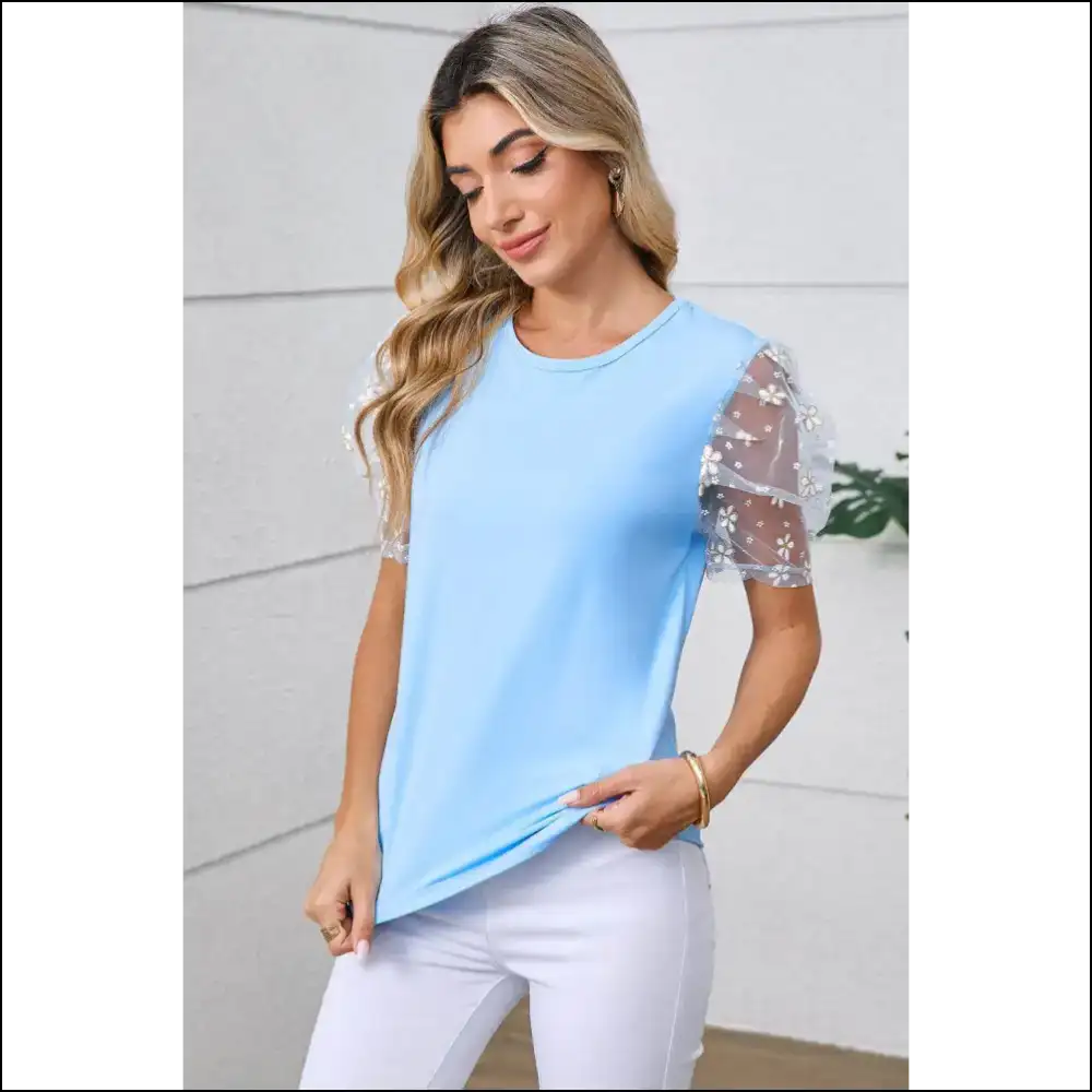 Beau Blue Floral Mesh: Envy Incoming - Blouses on Sale Worldwide Shipping