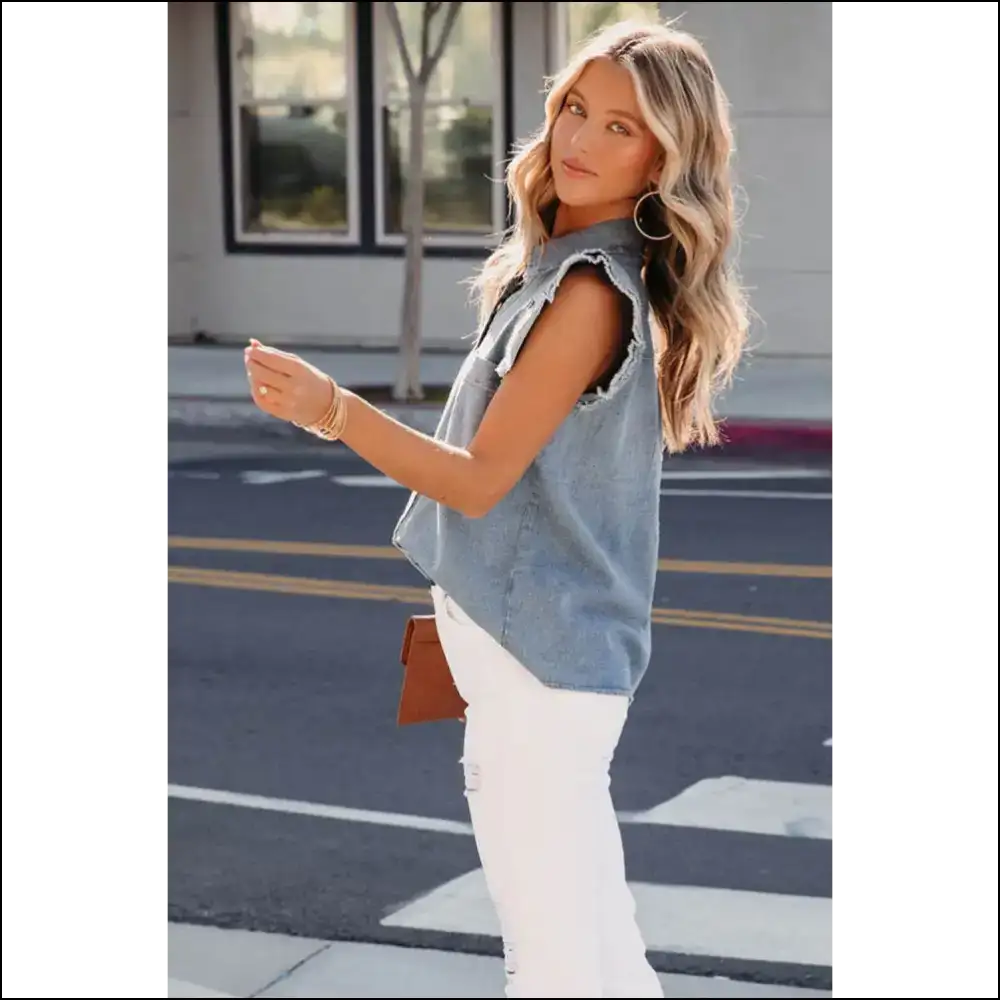 Beau Blue Frayed Layered Ruffle Denim Blouse Disasterpiece Chic - Blouses on Sale Worldwide Shipping