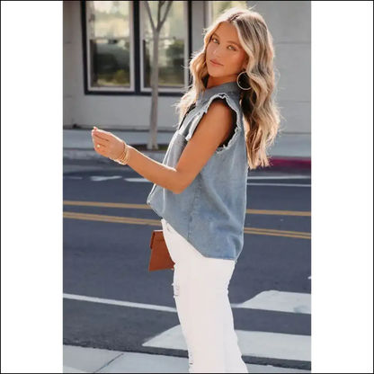 Beau Blue Frayed Layered Ruffle Denim Blouse Disasterpiece Chic - Blouses on Sale Worldwide Shipping