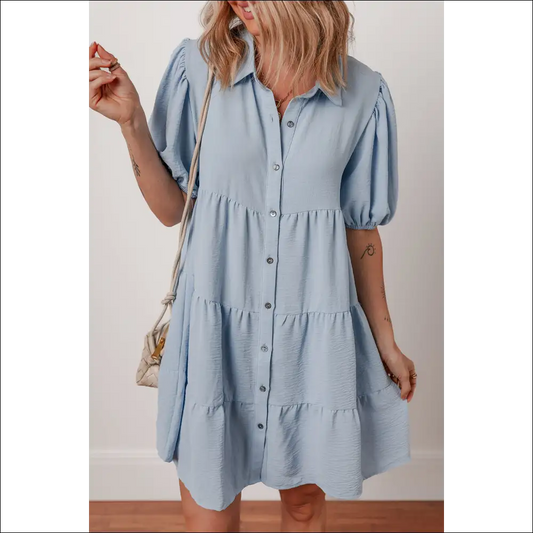 Beau Blue Puff Sleeve Button-up Shift Dress - s - Short Dresses on Sale Worldwide Shipping
