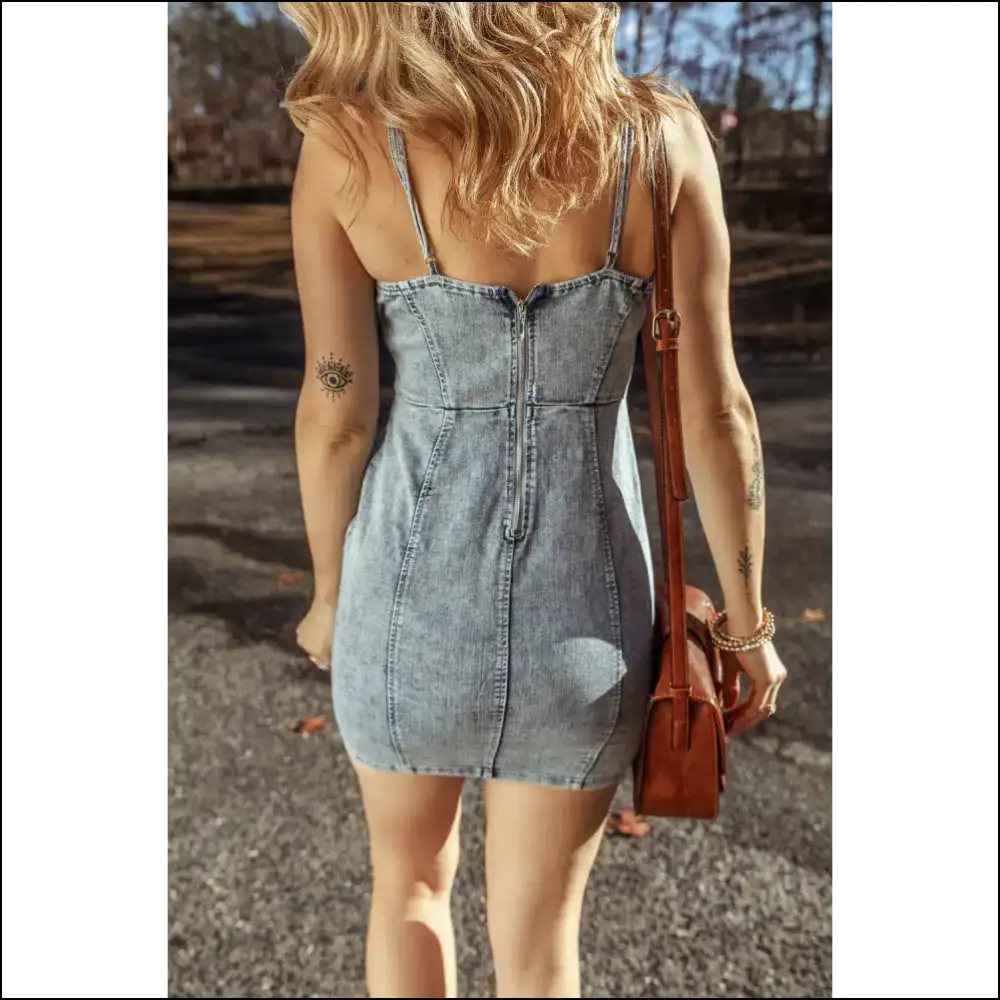 Beau Blue v Neck Denim Dress: Zipped & Ready to Slay 😈 - Short Dresses on Sale Worldwide Shipping