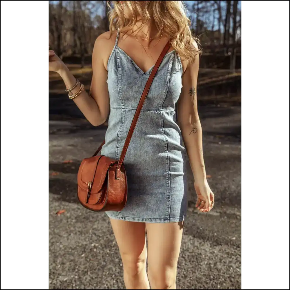 Beau Blue v Neck Denim Dress: Zipped & Ready to Slay 😈 - Short Dresses on Sale Worldwide Shipping