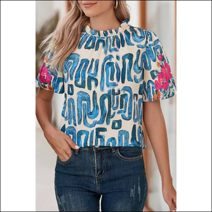 Beige Abstract Floral Puff: so Chic It’s Practically Beige-ic! 🌼 Needful Things - s - Blouses on Sale Worldwide Shipping