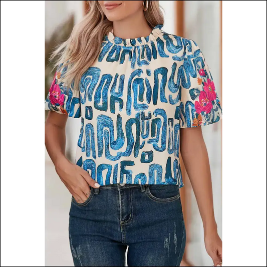 Beige Abstract Floral Puff: so Chic It’s Practically Beige-ic! 🌼 Needful Things - s - Blouses on Sale Worldwide Shipping