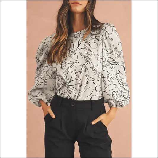 Beige Abstract Print Balloon Sleeve: from Blah to Bam! Needful Things 😉 - s - Blouses on Sale Worldwide Shipping