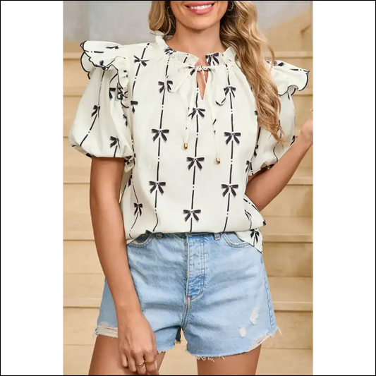 Beige Bow Print Blouse: your New Bff - s - Blouses on Sale Worldwide Shipping