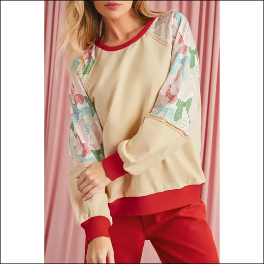 Beige Bowknot Print Top: so Fancy You’ll Die 🎀 Needful Things - s - Long Sleeve Tops Shirts & on Sale Worldwide Shipping