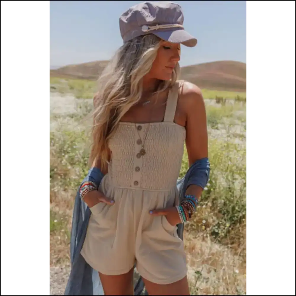 Beige Buttoned Smocked Romper: One-piece Wonder (Chic!) - Rompers Jumpsuits & on Sale Worldwide Shipping