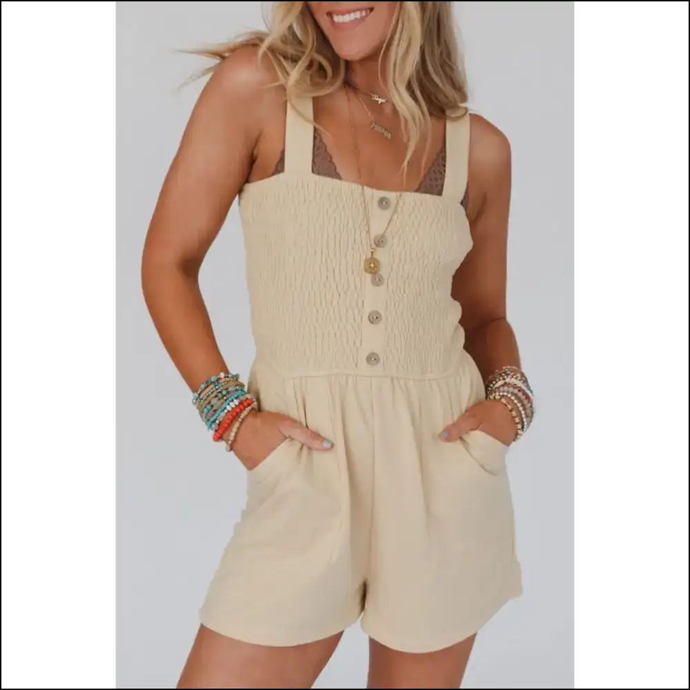 Beige Buttoned Smocked Romper: One-piece Wonder (Chic!) - s - Rompers Jumpsuits & on Sale Worldwide Shipping