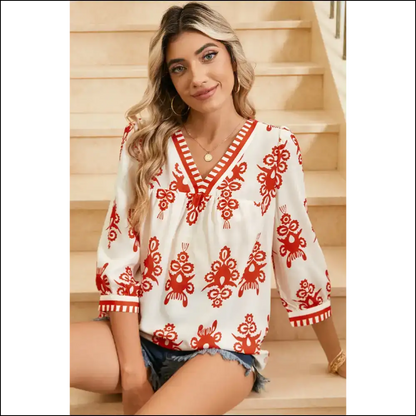 Beige Ethnic Abstract Blouse Queen Vibes Only - Blouses on Sale Worldwide Shipping