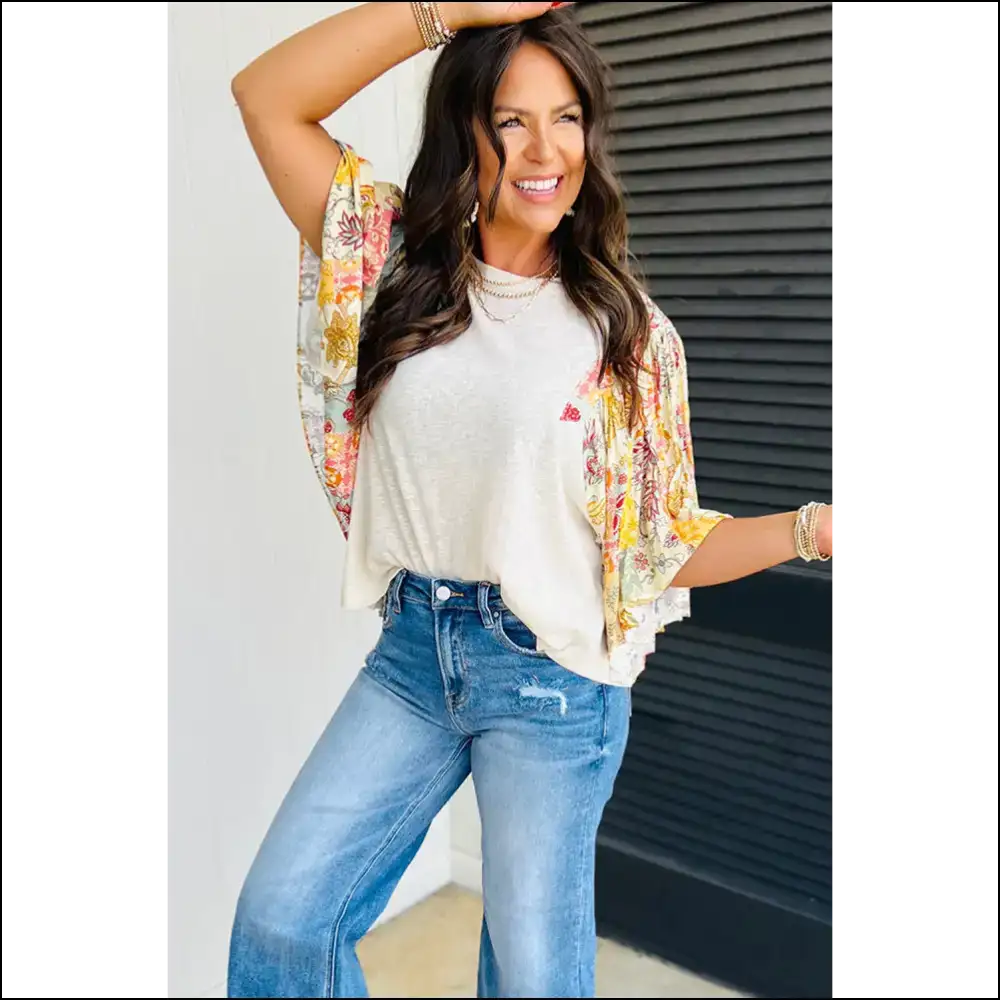 Beige Floral Batwing Sleeve Blouse: Needful Things Goddess 🌸 - Blouses on Sale Worldwide Shipping