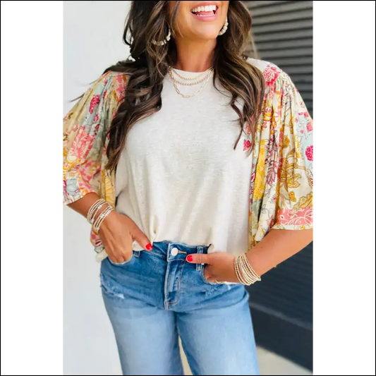 Beige Floral Batwing Sleeve Blouse: Needful Things Goddess 🌸 - s - Blouses on Sale Worldwide Shipping