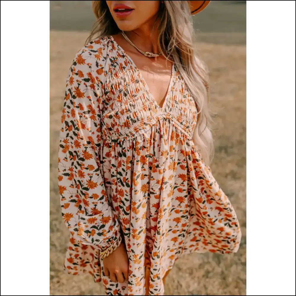 Beige Floral Smocked Dress: Twirl Into Trouble with Needful Things 😉 - Short Dresses on Sale Worldwide Shipping