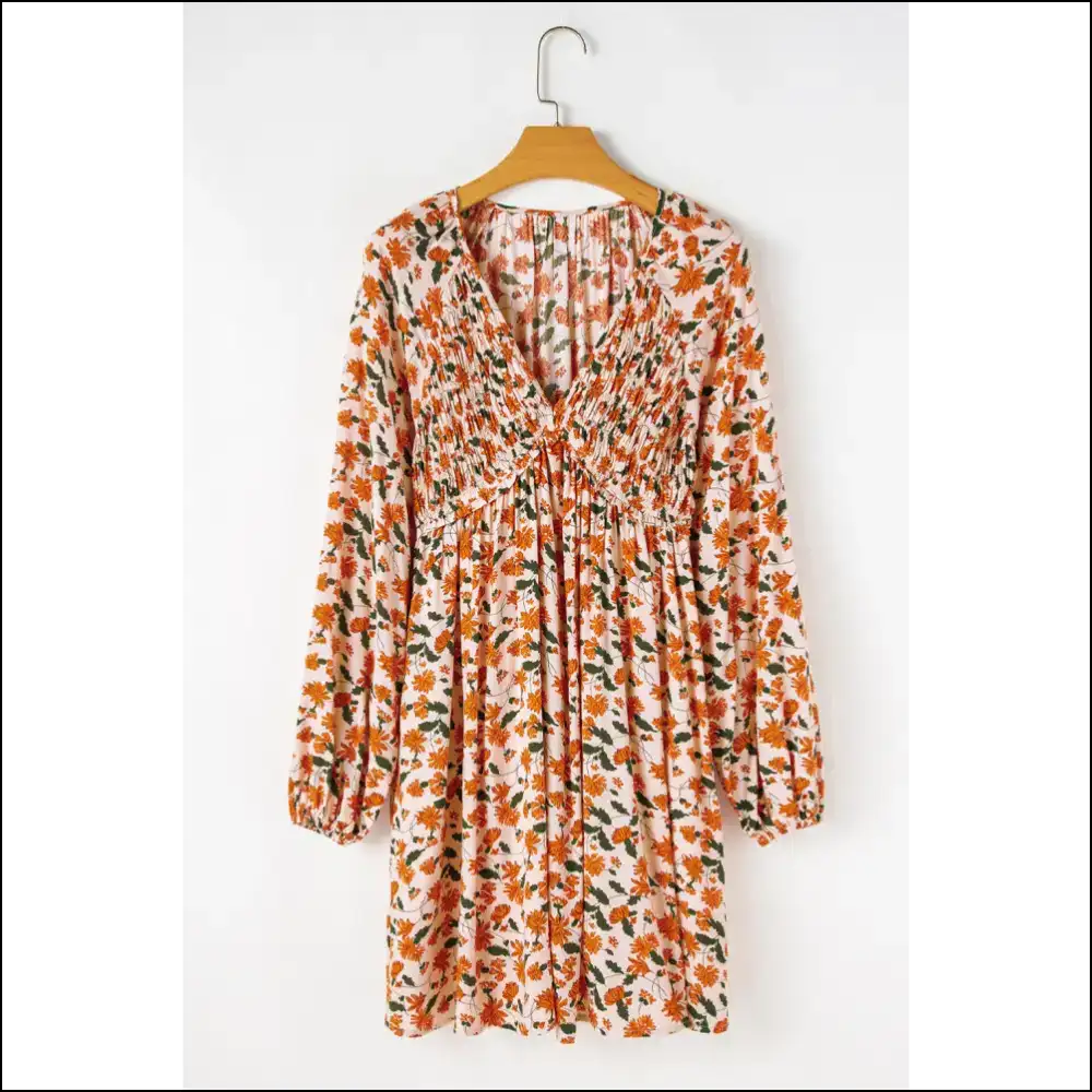 Beige Floral Smocked Dress: Twirl Into Trouble with Needful Things 😉 - Short Dresses on Sale Worldwide Shipping