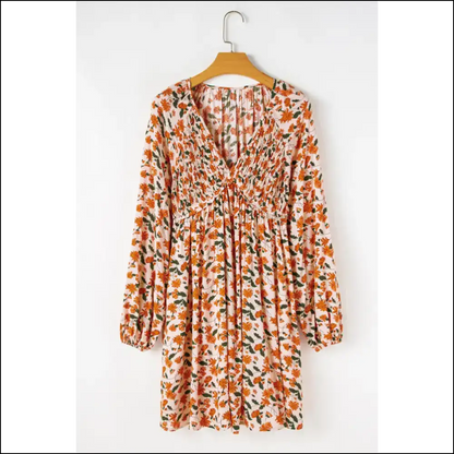 Beige Floral Smocked Dress: Twirl Into Trouble with Needful Things 😉 - Short Dresses on Sale Worldwide Shipping
