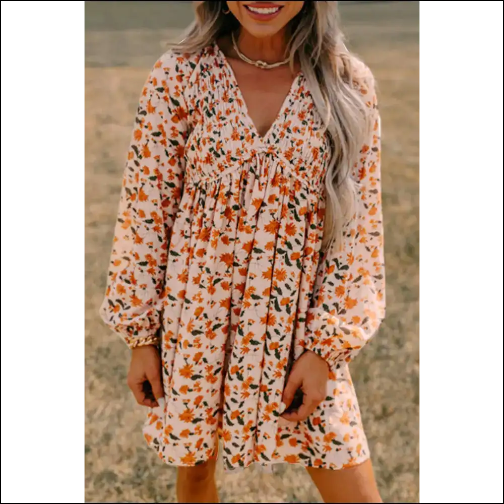 Beige Floral Smocked Dress: Twirl Into Trouble with Needful Things 😉 - s - Short Dresses on Sale Worldwide Shipping