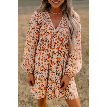 Beige Floral Smocked Dress: Twirl Into Trouble with Needful Things 😉 - s - Short Dresses on Sale Worldwide Shipping